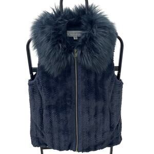 Marc New York Andrew Marc Women's MD Deep Navy Faux Fur Gold Zip Sleeveless Vest